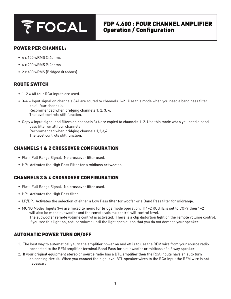 Page 1 de la notice Manuel utilisateur Focal FDP 4.600