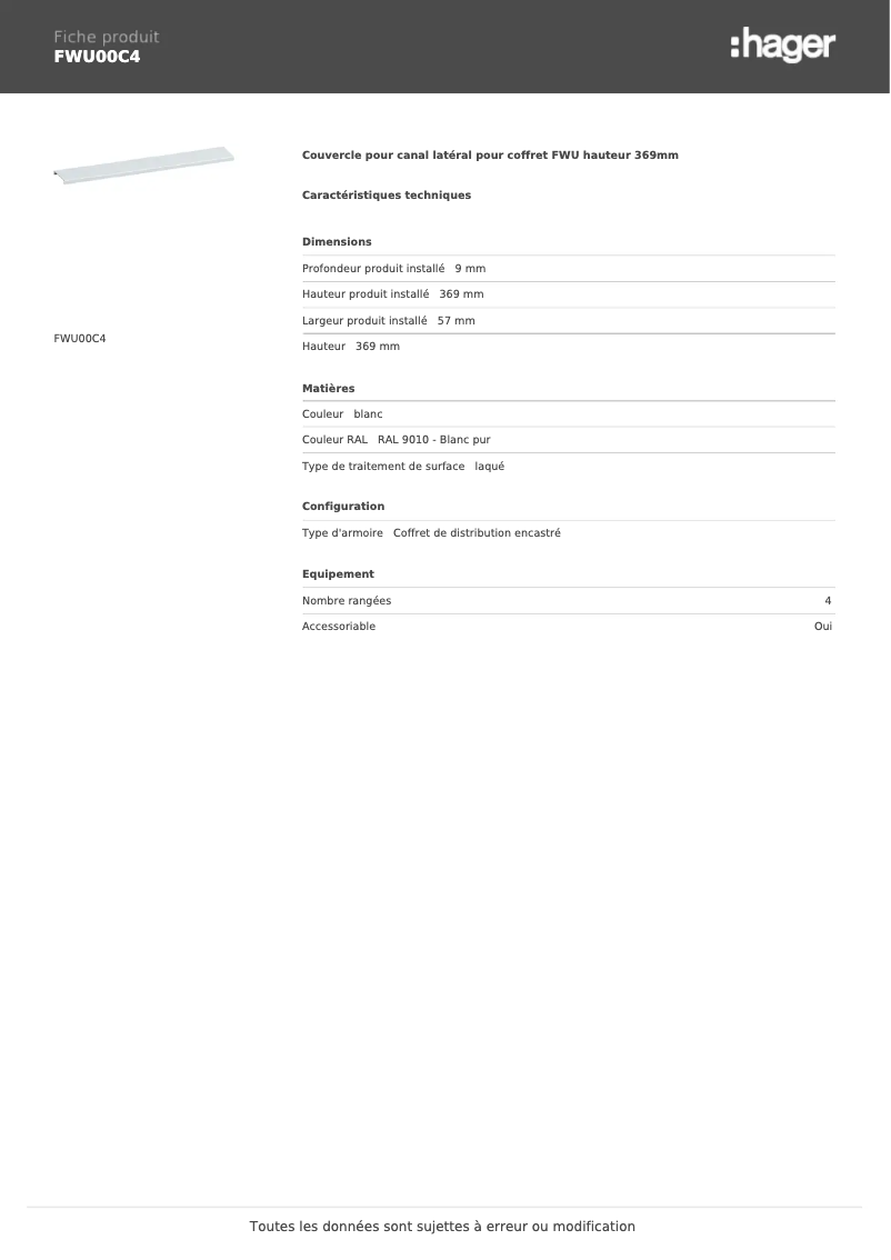 Page 1 de la notice Fiche technique Hager FWU00C4