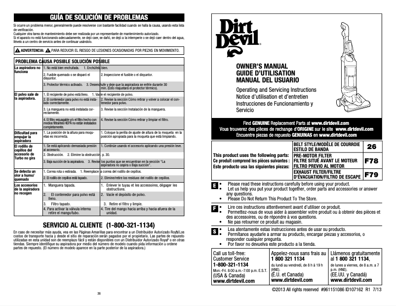 Page 1 de la notice Manuel utilisateur Dirt Devil Dash UD70250B