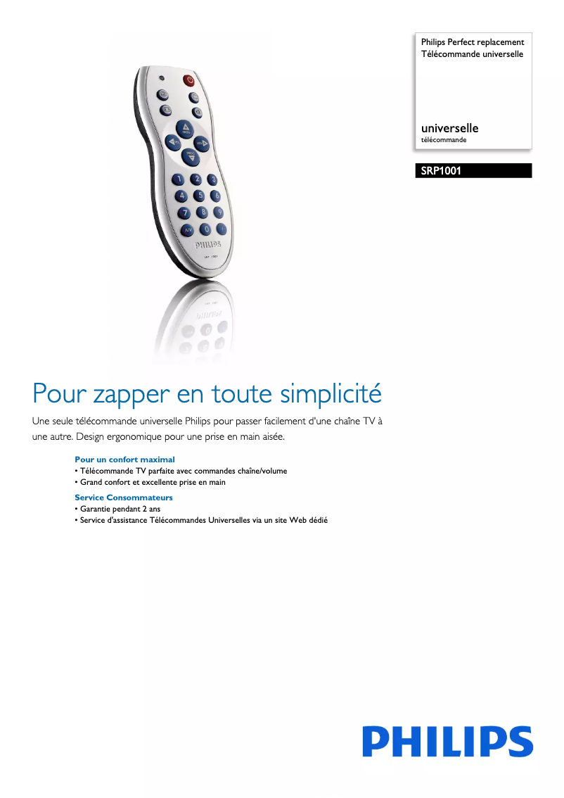 Page 1 de la notice Fiche technique Philips SRP1001