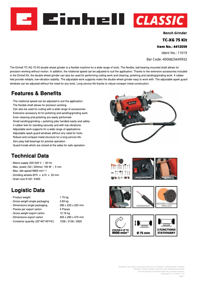 Page 1 de la notice Fiche technique Einhell TC-XG 75 Kit