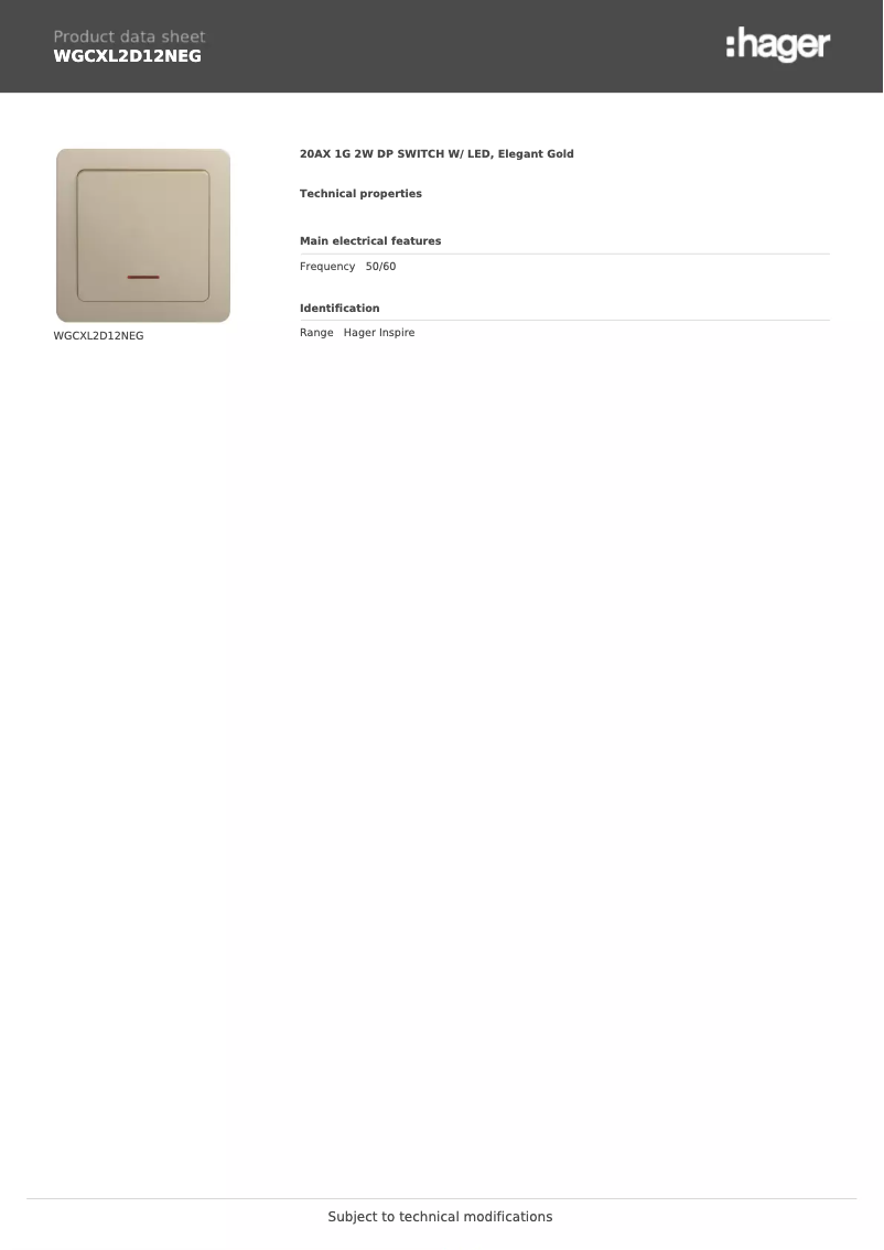 Page 1 de la notice Fiche technique Hager WGCXL2D12NEG