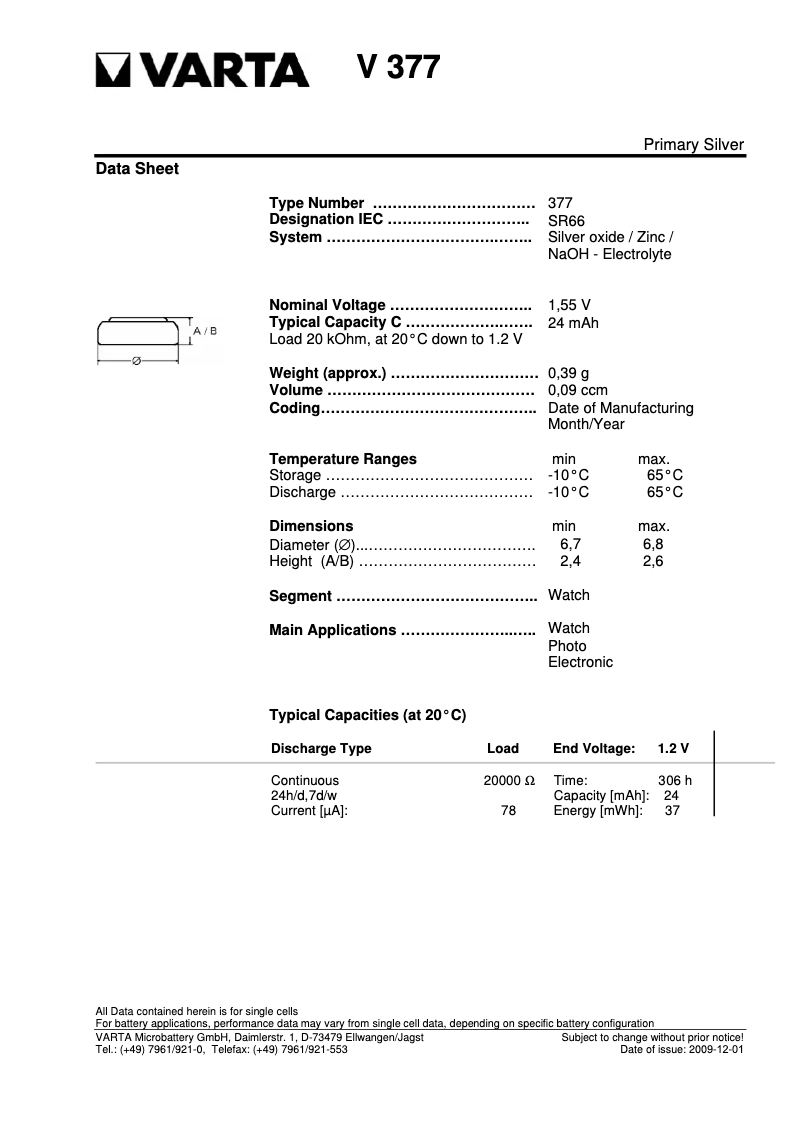 Page 1 de la notice Manuel utilisateur Varta Primary Silver Button V377 / SR 66