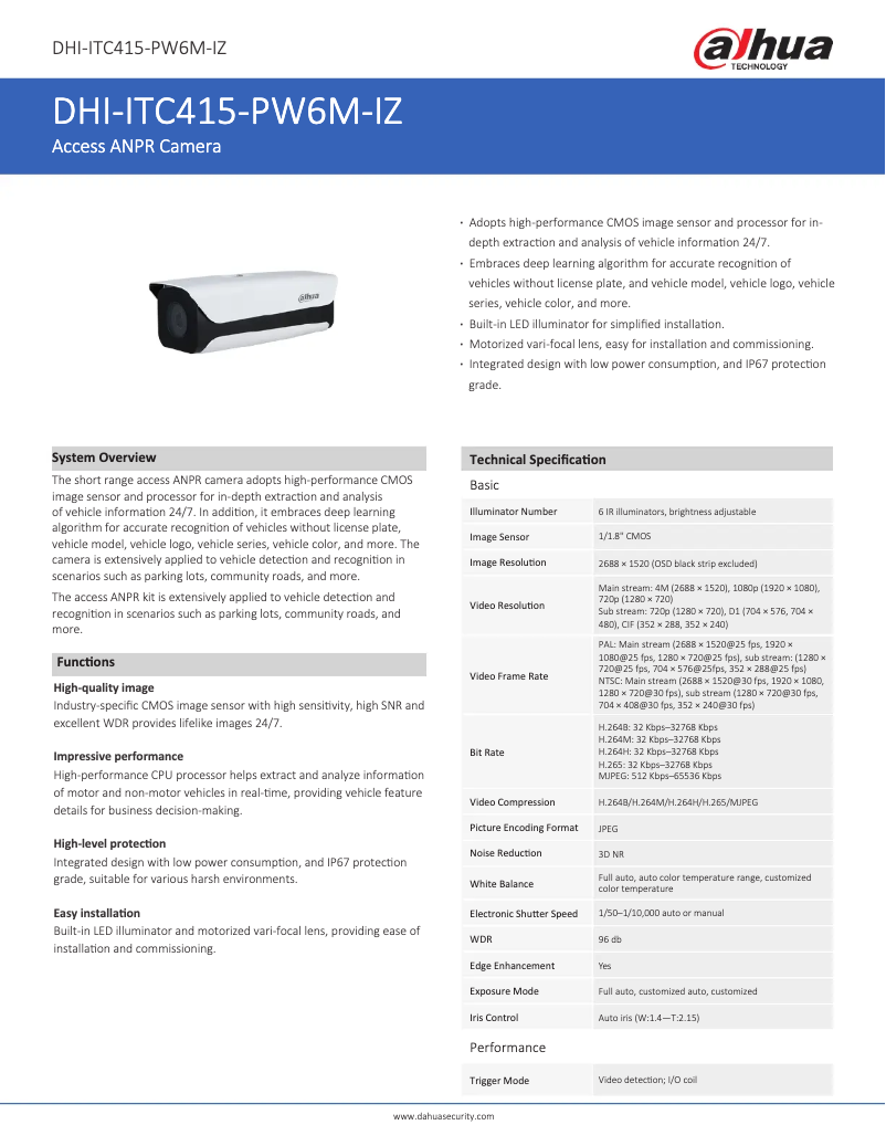 Page n°1 - Fiche technique Dahua Technology ITC415-PW6M-IZ