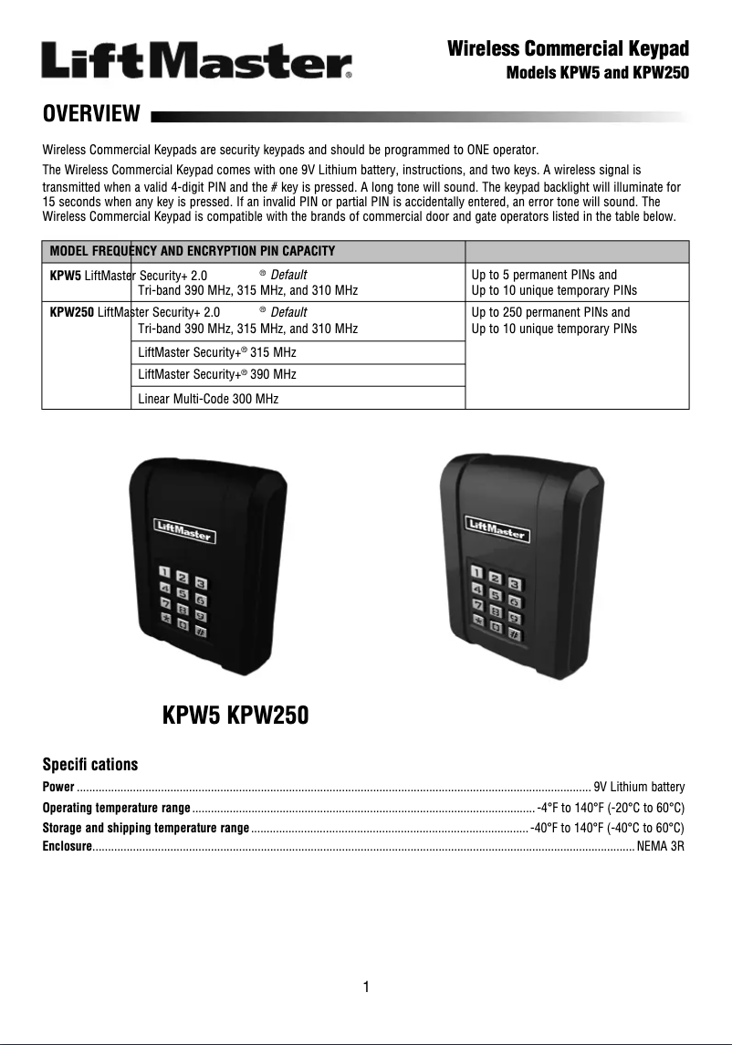 Page 1 de la notice Manuel utilisateur LiftMaster KPW250