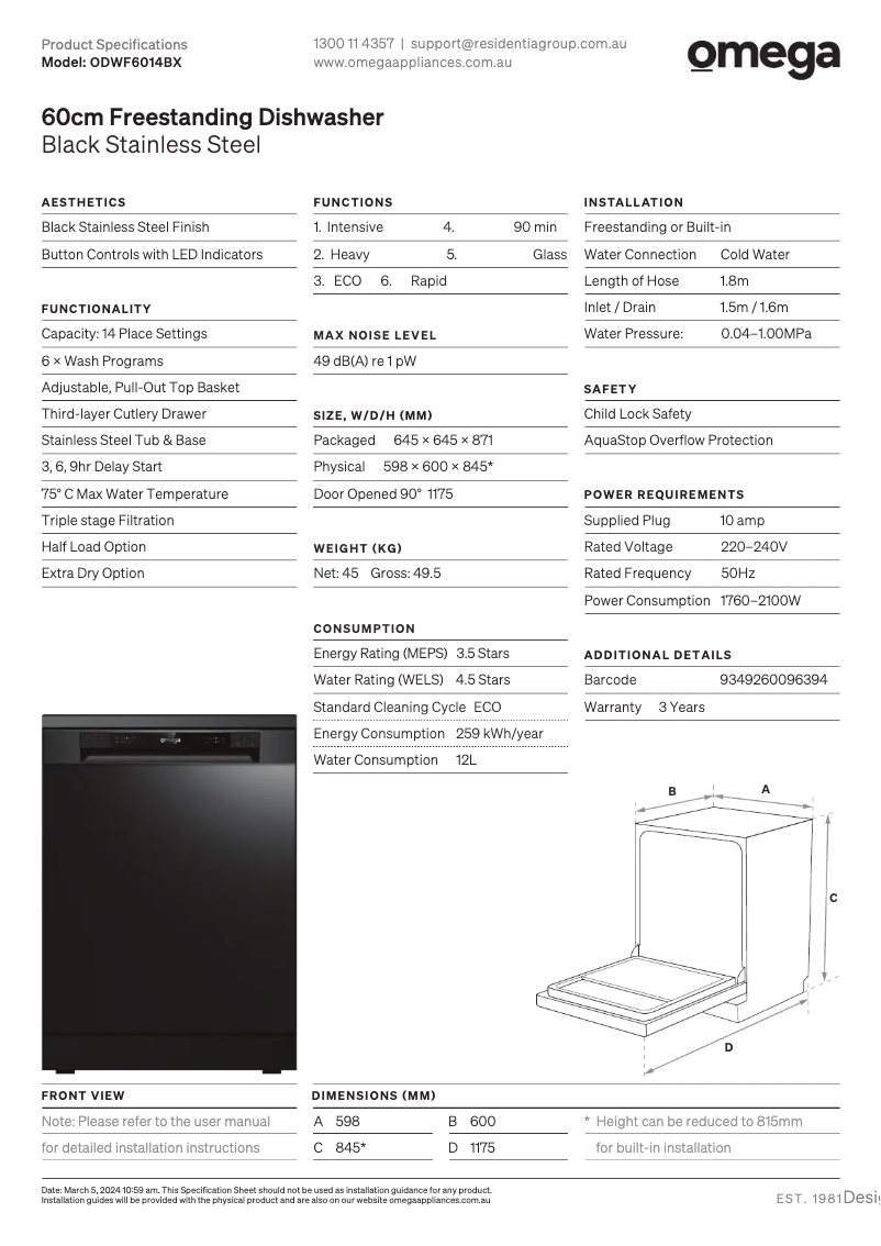 Page n°1 - Fiche technique Omega ODWF6014BX
