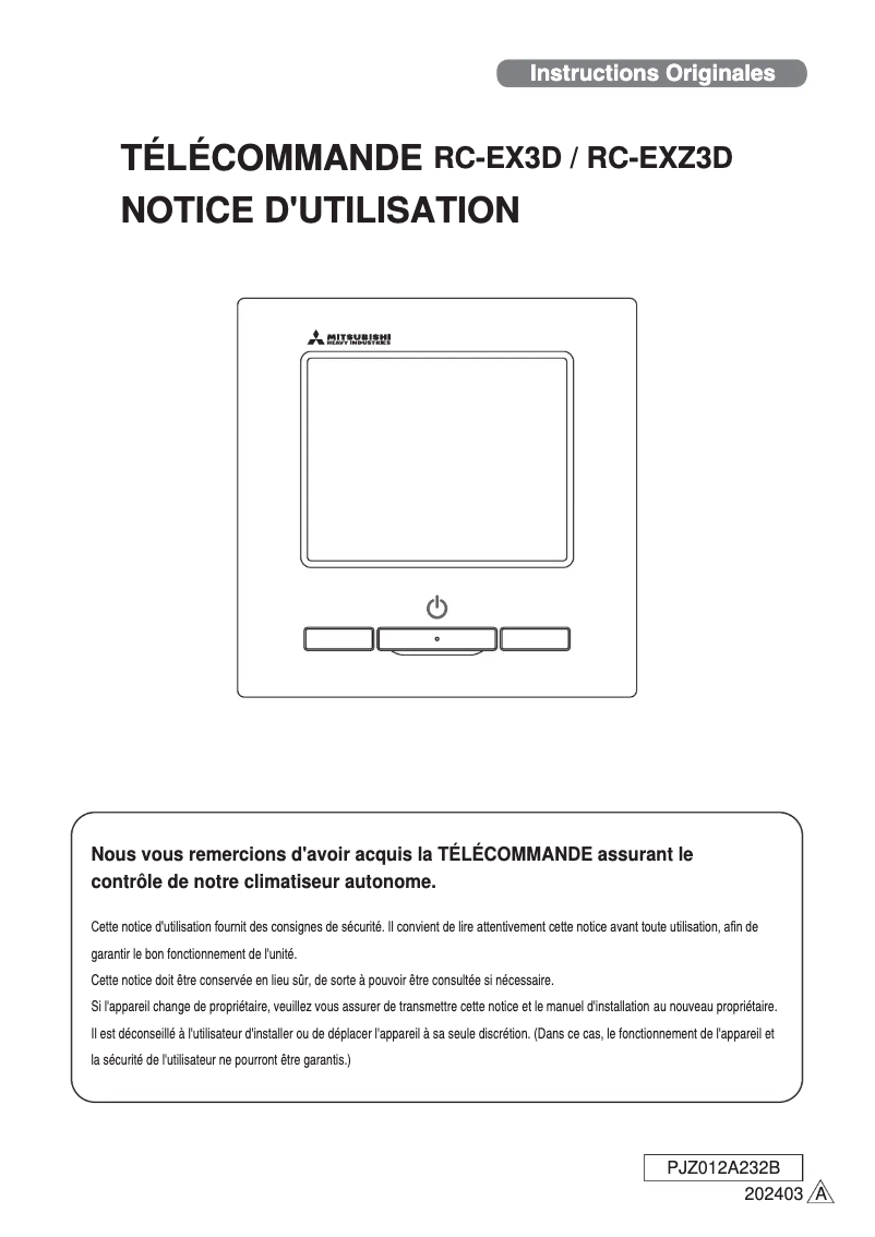 Page 1 de la notice Manuel utilisateur Mitsubishi RC-EXZ3D
