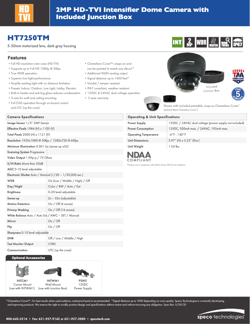 Page n°1 - Fiche technique Speco Technologies HT7250TM