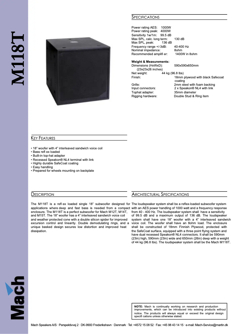 Page 1 de la notice Fiche technique Martin Mach M118T