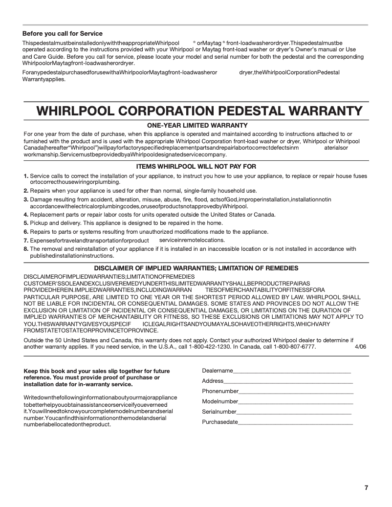 Page 1 de la notice Informations de garantie Whirlpool XHP1000XW