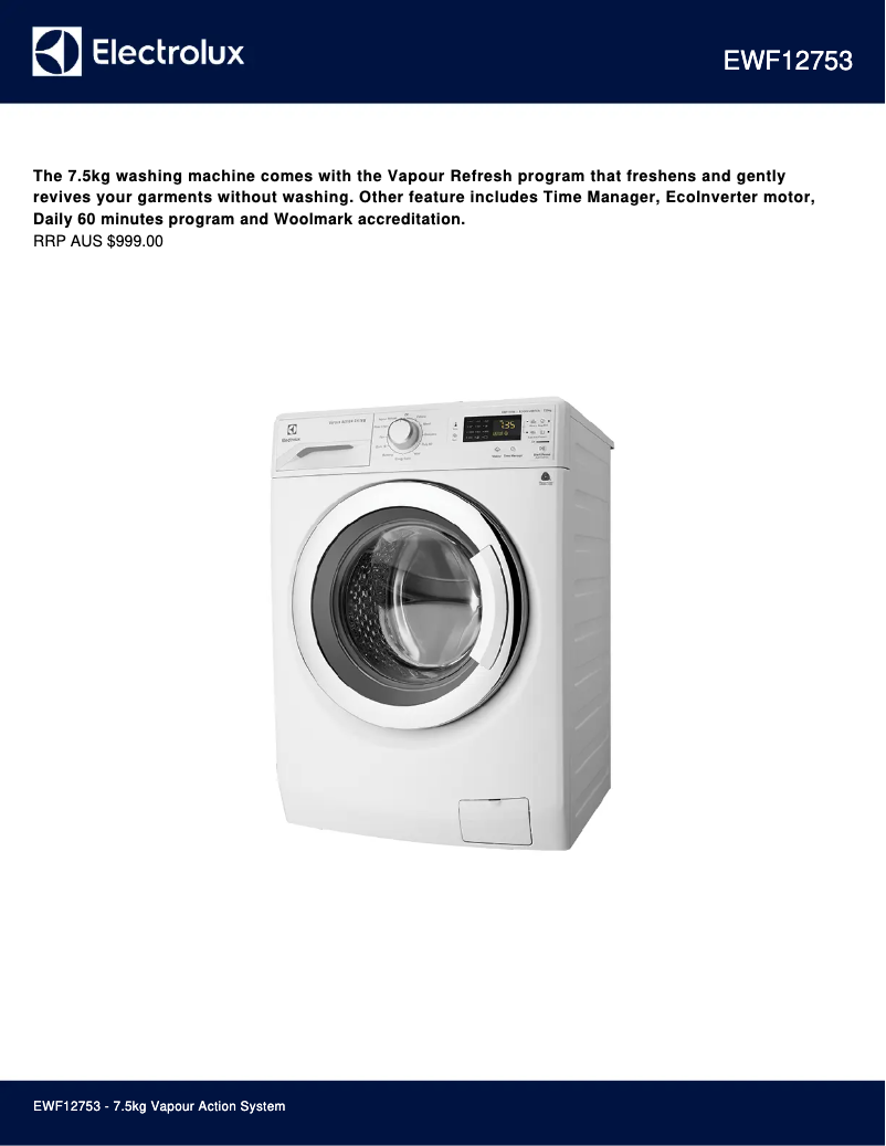 Page 1 de la notice Fiche technique Electrolux EWF12753