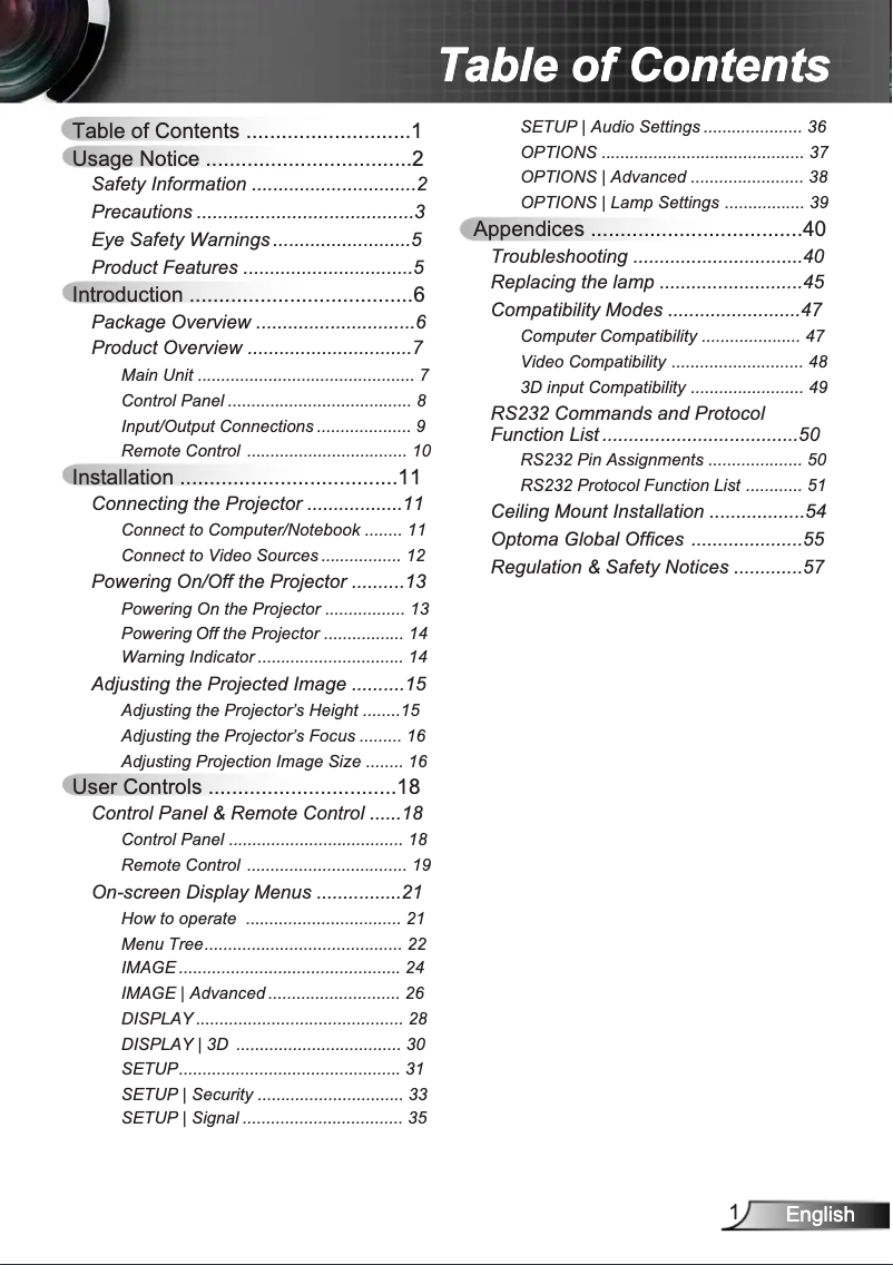 Page 1 de la notice Manuel utilisateur Optoma GT750E