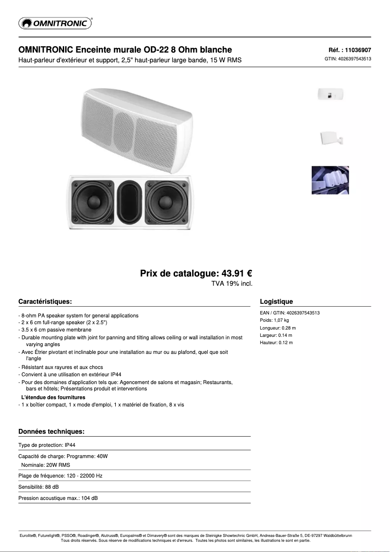 Page 1 de la notice Fiche technique Omnitronic OD-22