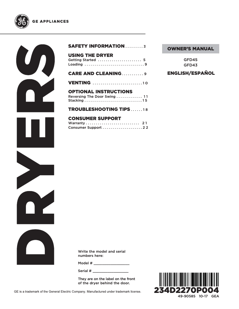 Page n°1 - Manuel d'utilisation et d'entretien GE GFD45GSSKWW