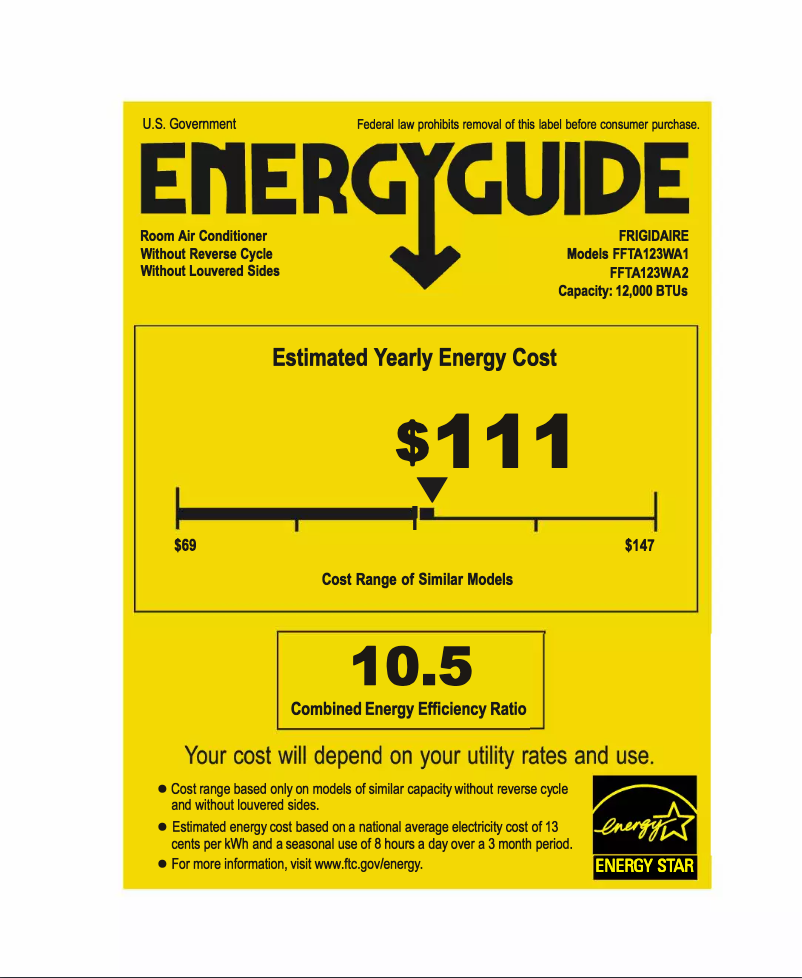 Page 1 de la notice Label énergétique Frigidaire FFTA123WA2