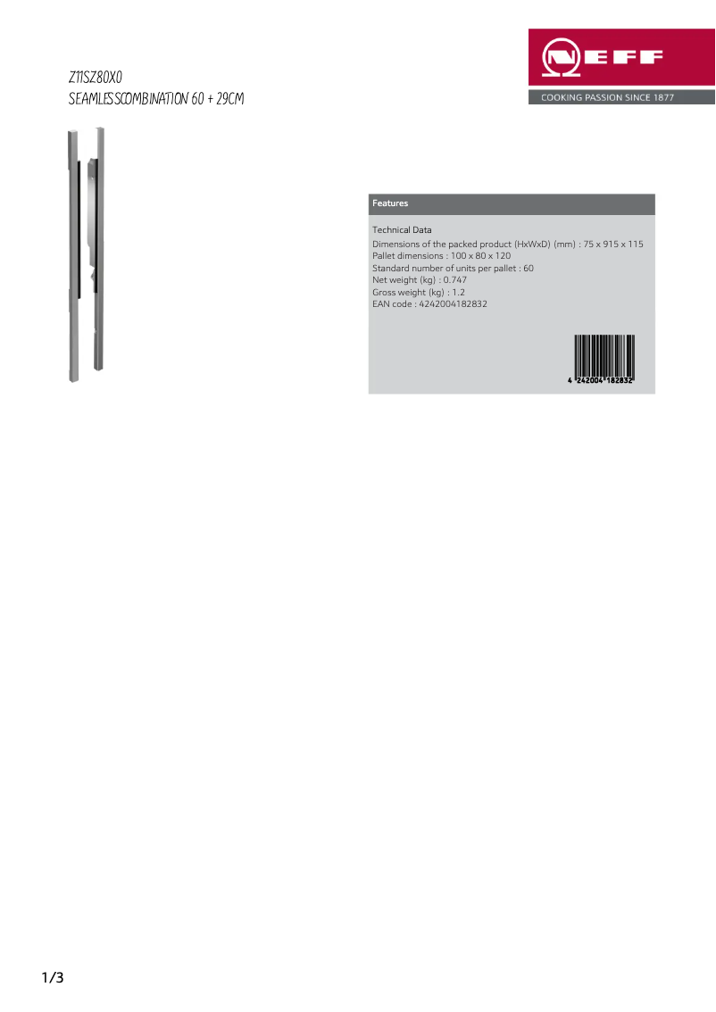 Page 1 of the manual Technical Sheet Neff Z11SZ80X0