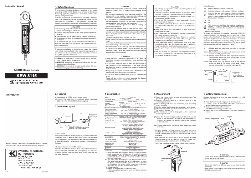 Page 1 de la notice Manuel utilisateur Kyoritsu KEW 8115