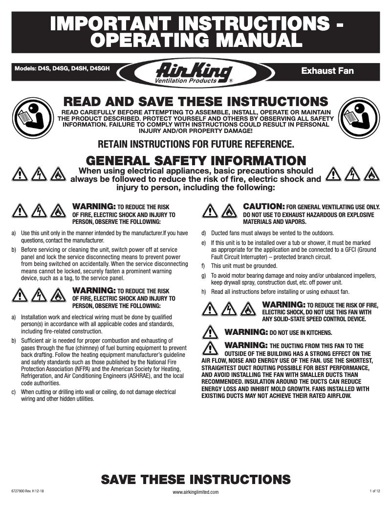 Page 1 de la notice Instructions / montage Air King D4S