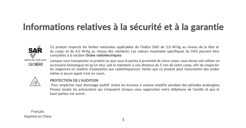 Page 1 de la notice Instructions de sécurité Alcatel 3L