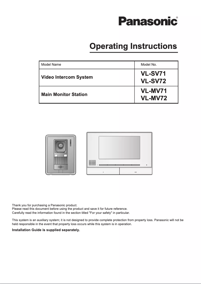 Page 1 de la notice Manuel utilisateur Panasonic VL-MV72