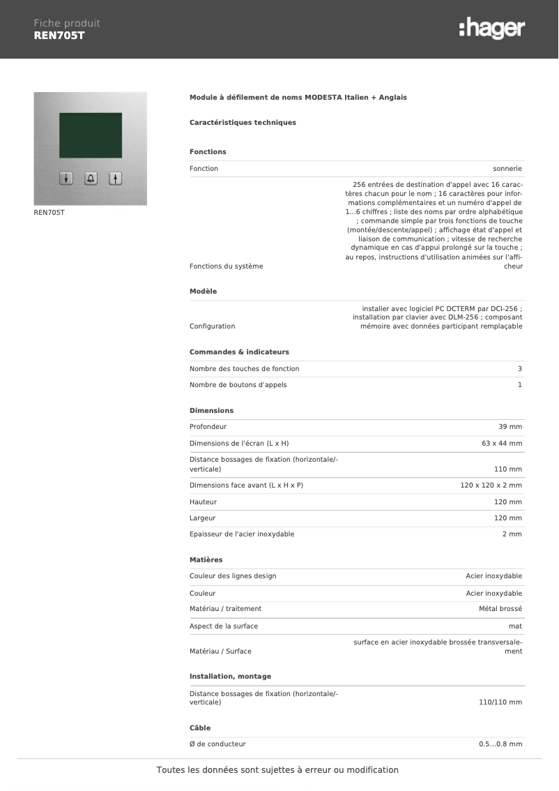 Page 1 de la notice Fiche technique Elcom REN705T