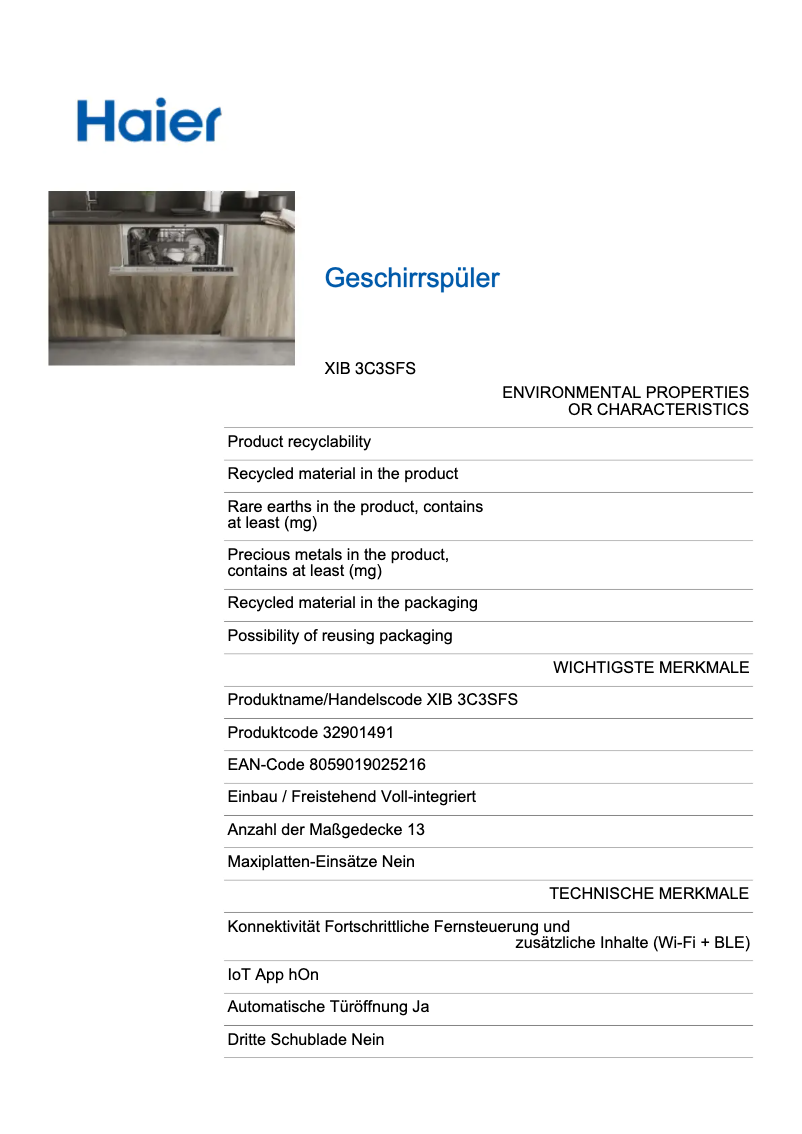 Page 1 de la notice Label énergétique Haier XIB 3C3SFS