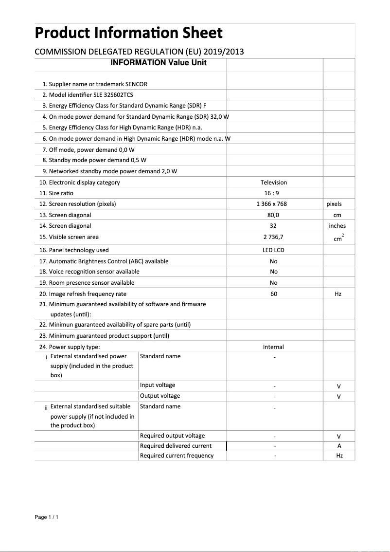 Page 1 de la notice Fiche technique Sencor SLE 32S602TCS