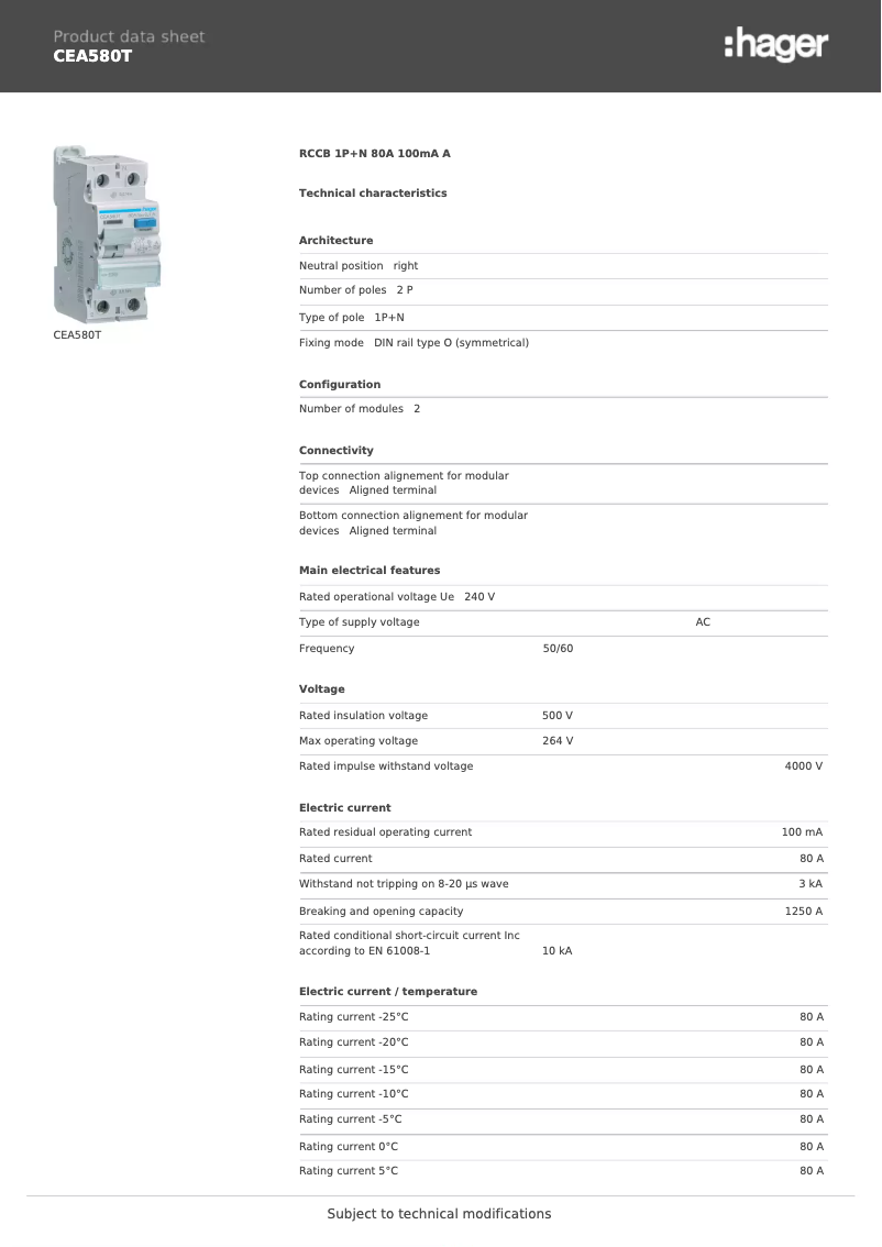 Page n°1 - Fiche technique Hager CEA580T