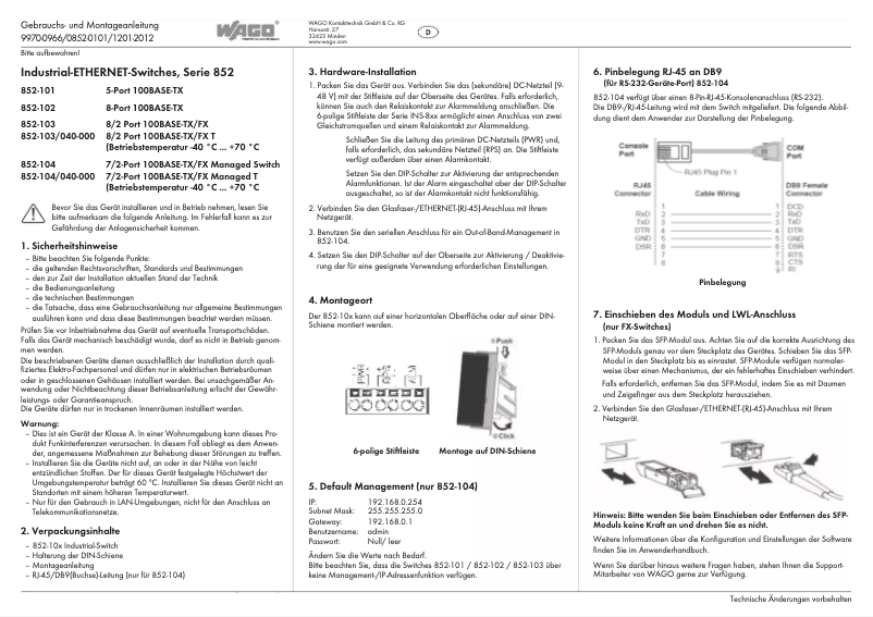 Page n°1 - Manuel utilisateur Wago 852-101