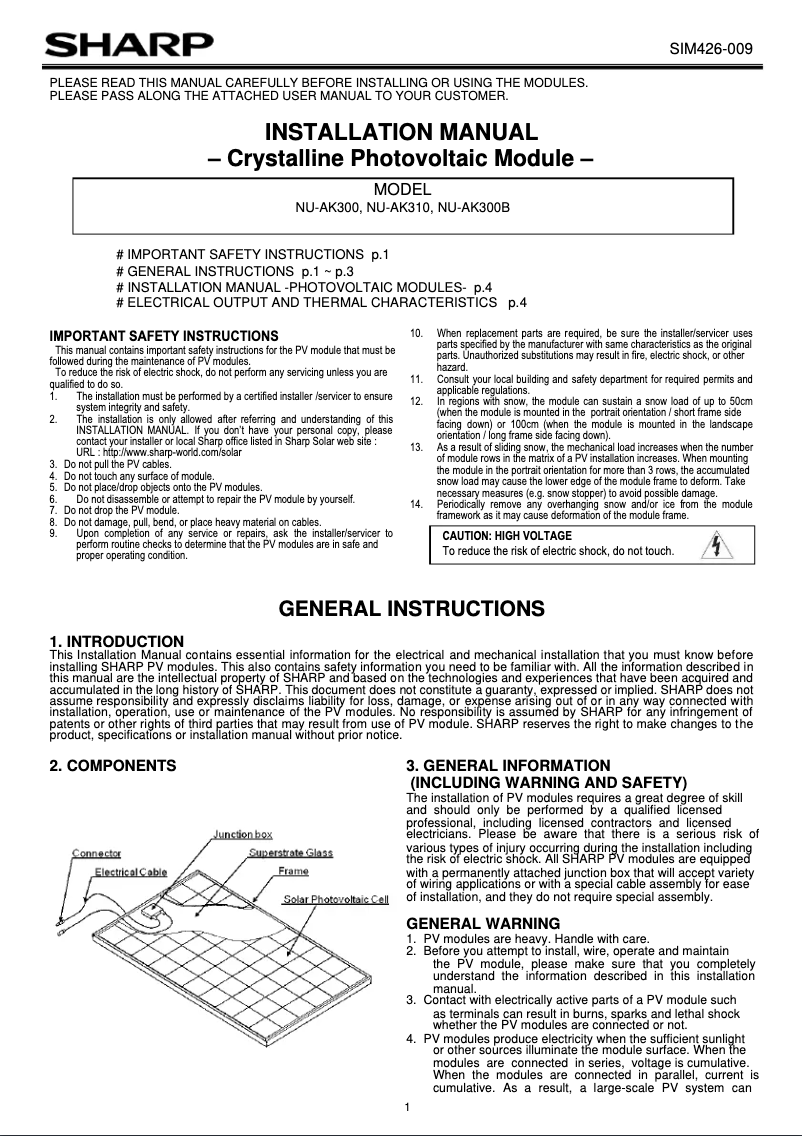 Page 1 de la notice Manuel utilisateur Sharp NU-AK310