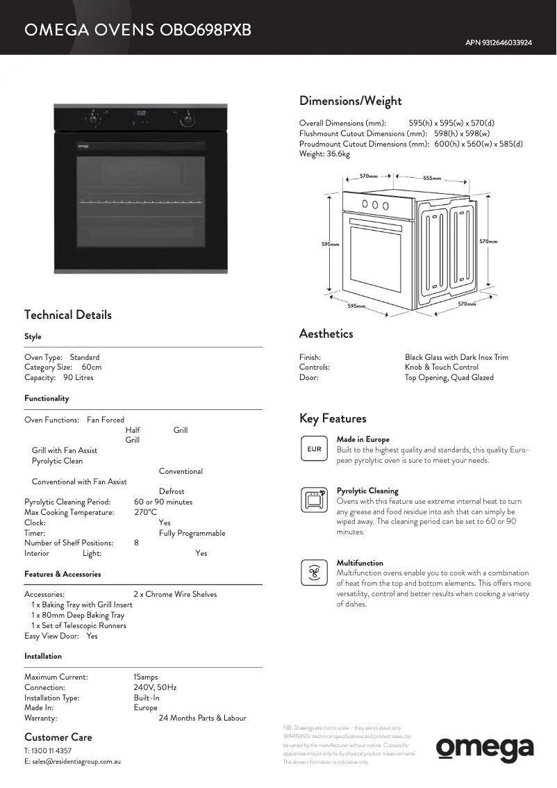 Page 1 de la notice Fiche technique Omega OBO698PXB