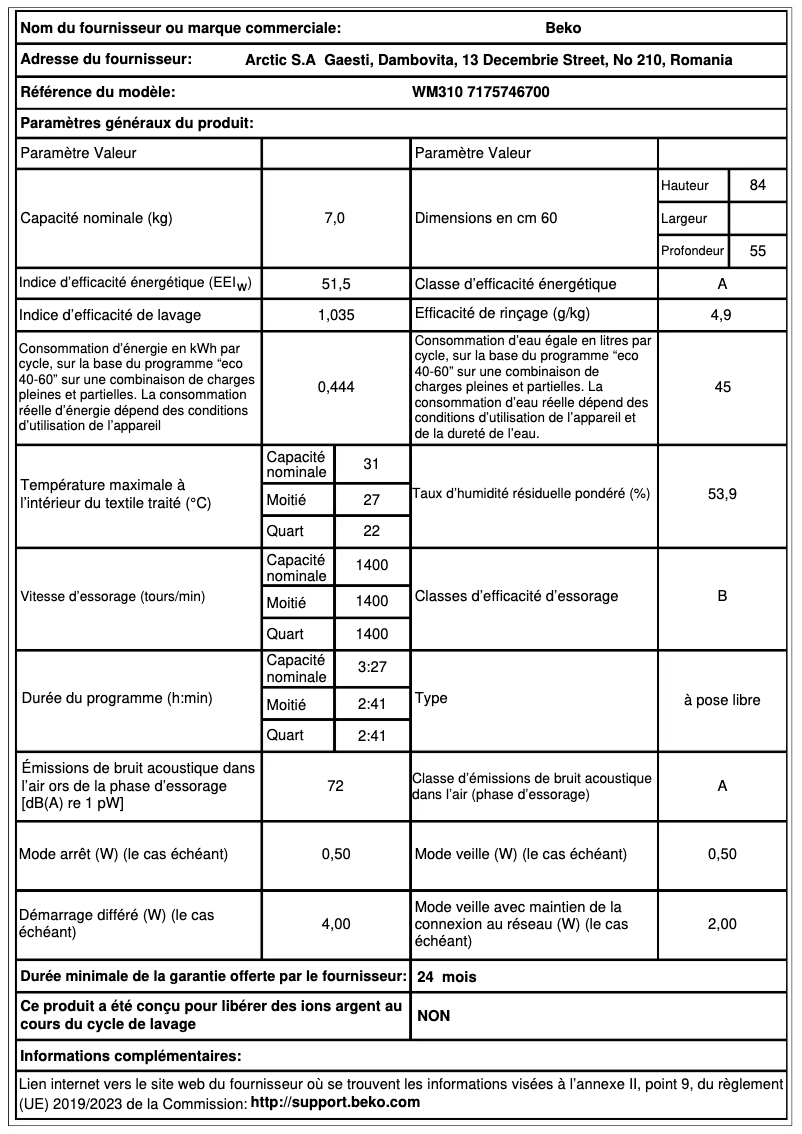 Page 1 de la notice Fiche technique Beko WM310