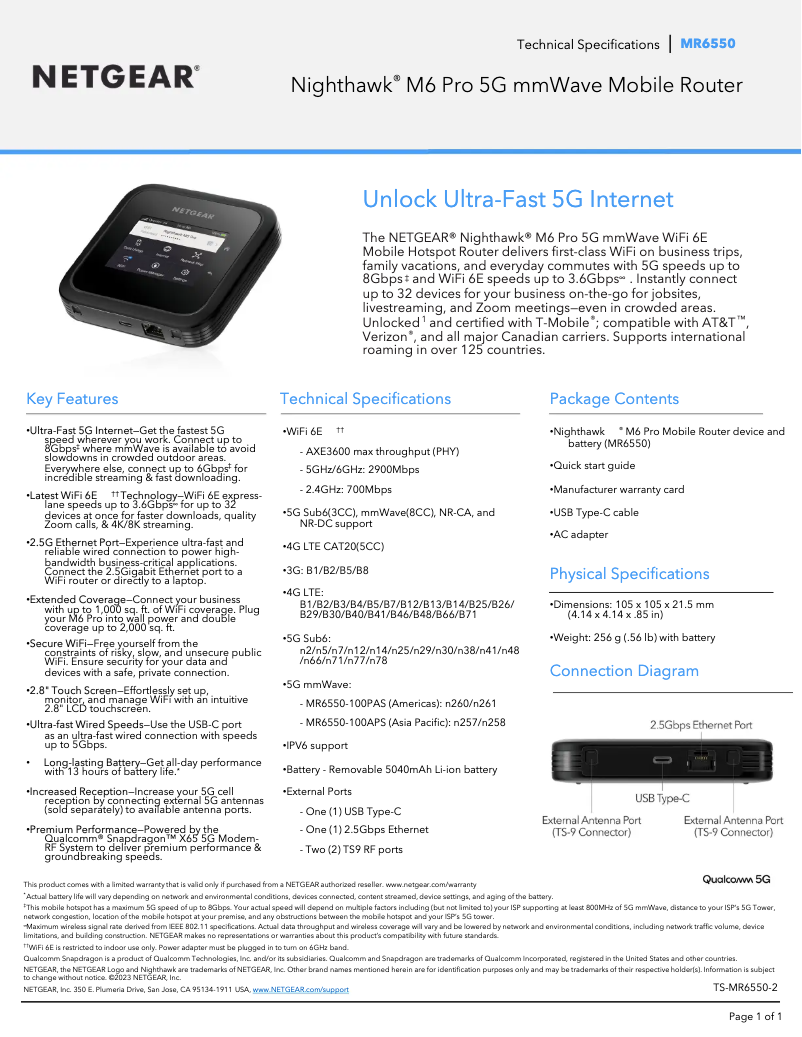 Page 1 de la notice Fiche technique Netgear Nighthawk M6 Pro MR6550
