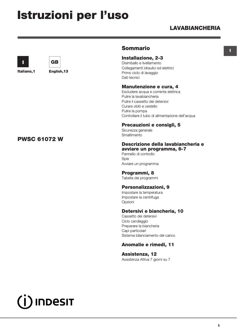 Page n°1 - Manuel utilisateur Indesit PWSC 61072 W IT
