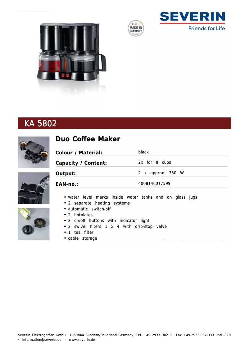 Page 1 de la notice Fiche technique Severin KA 5802