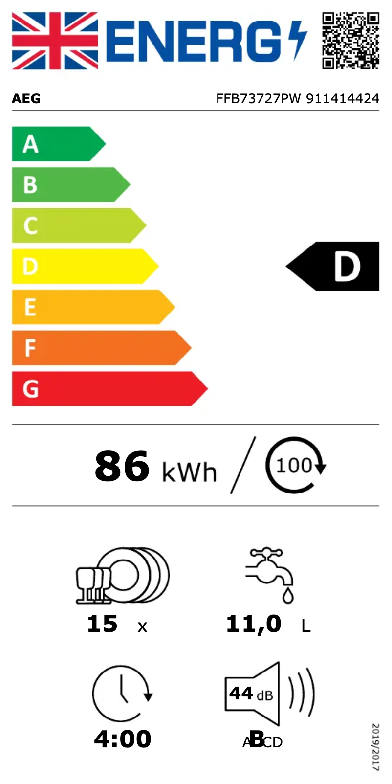 Page 1 de la notice Label énergétique AEG FFB73727PW