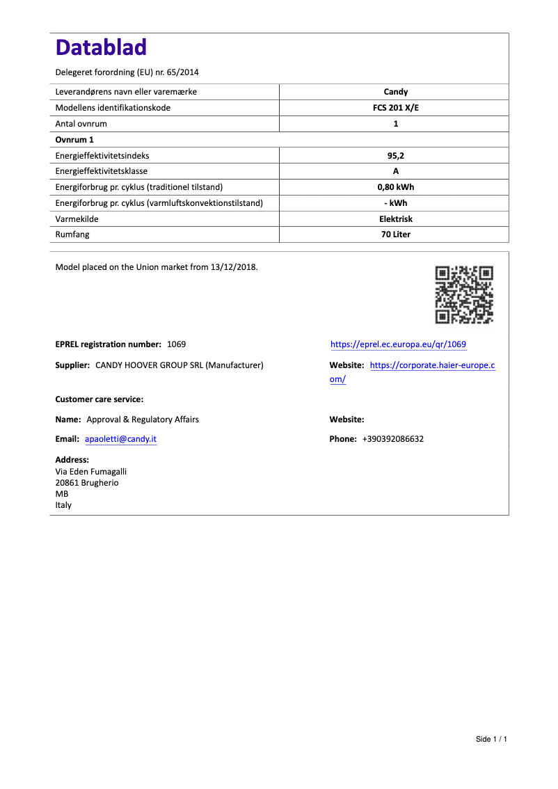 Page 1 de la notice Manuel utilisateur Candy FCS 201 X/E