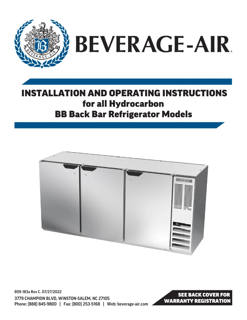 Page n°1 - Manuel utilisateur Beverage-Air BB78HC-1-FG-B