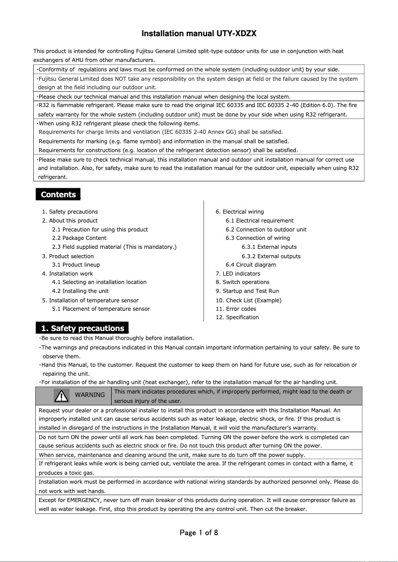 Page 1 de la notice Manuel utilisateur Fujitsu UTY-XDZX
