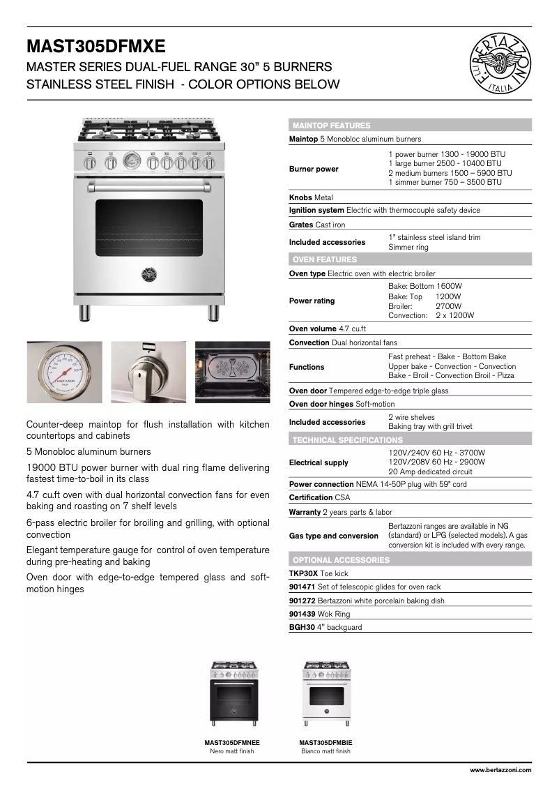 Page 1 de la notice Fiche technique Bertazzoni MAST305DFMXE