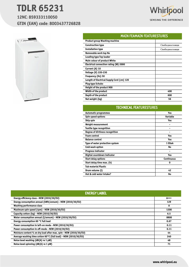Page 1 de la notice Fiche technique Whirlpool TDLR 65231