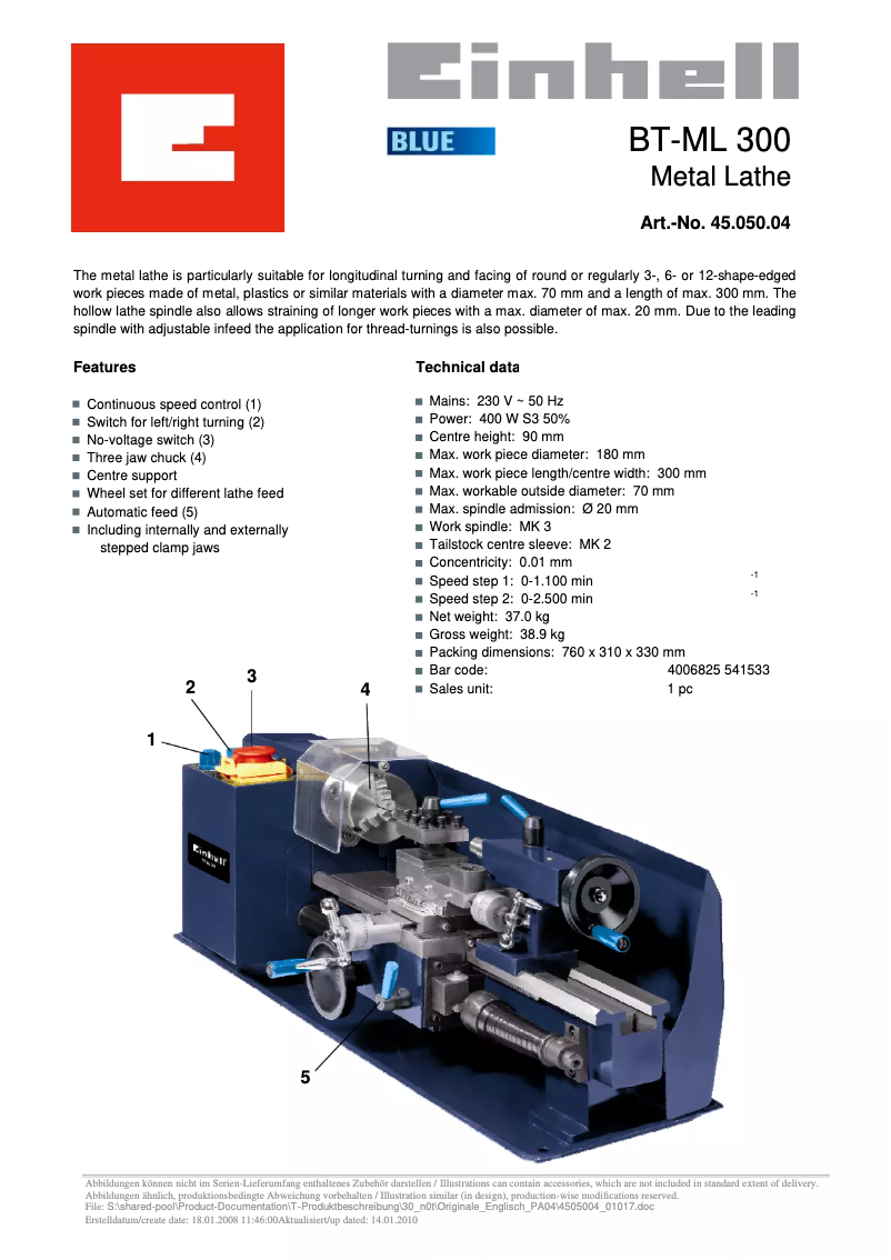 Page 1 de la notice Fiche technique Einhell BT-ML 300