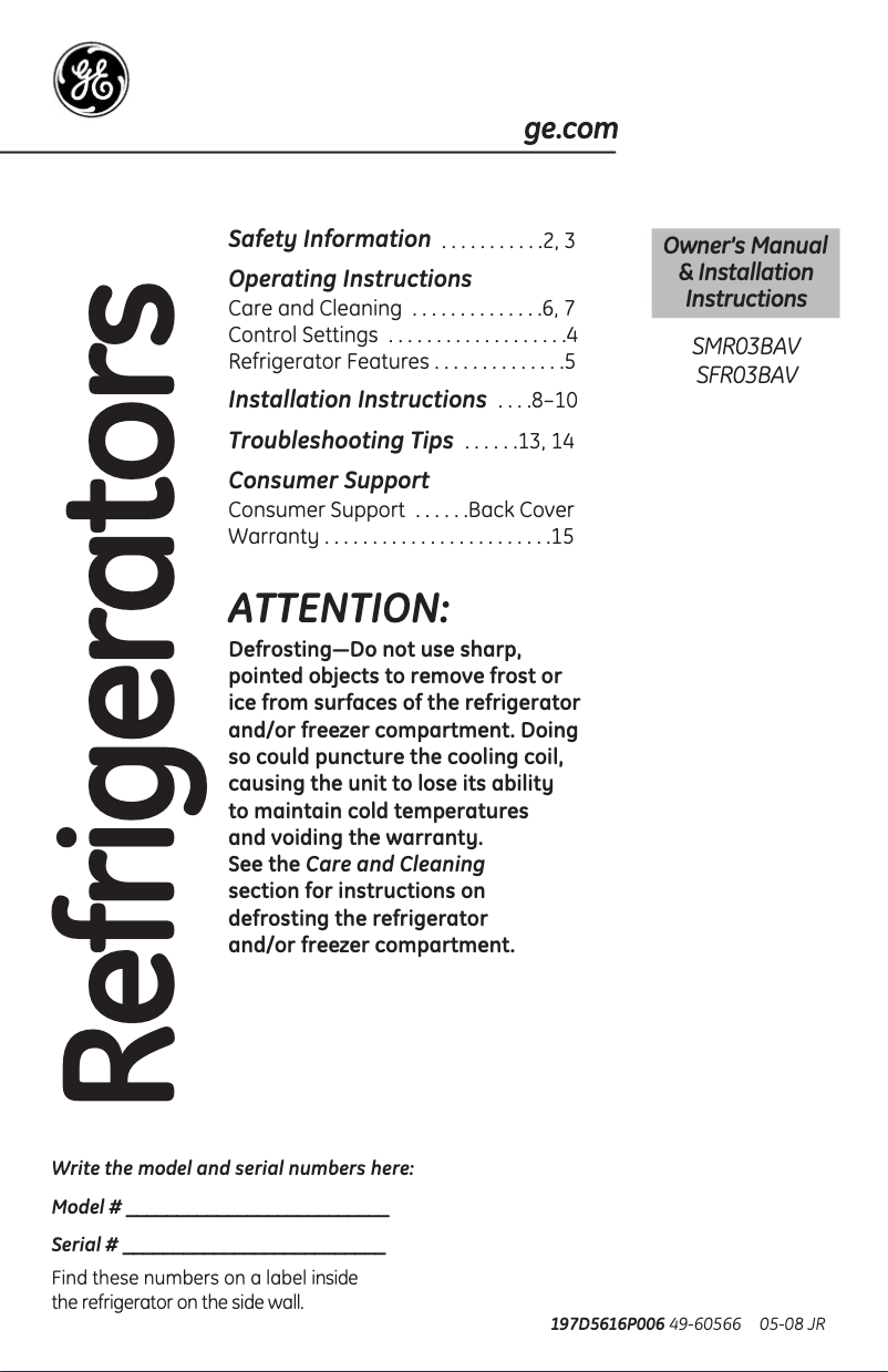 Page 1 de la notice Guide d'installation GE SMR03BAVWW
