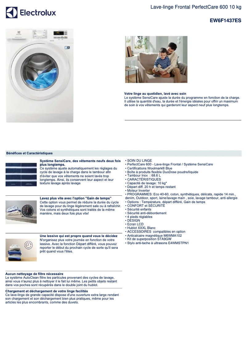Page 1 de la notice Fiche technique Electrolux EW6F1437ES
