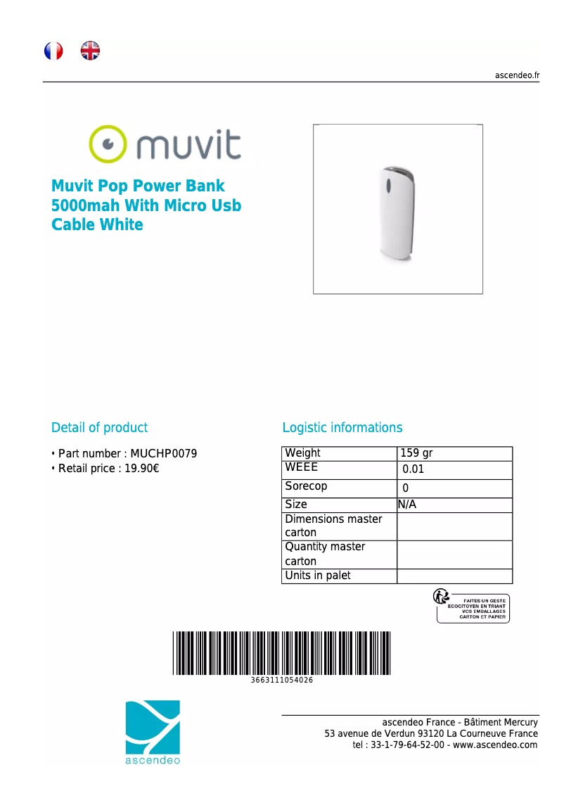 Page 1 de la notice Manuel utilisateur Muvit MUCHP0079