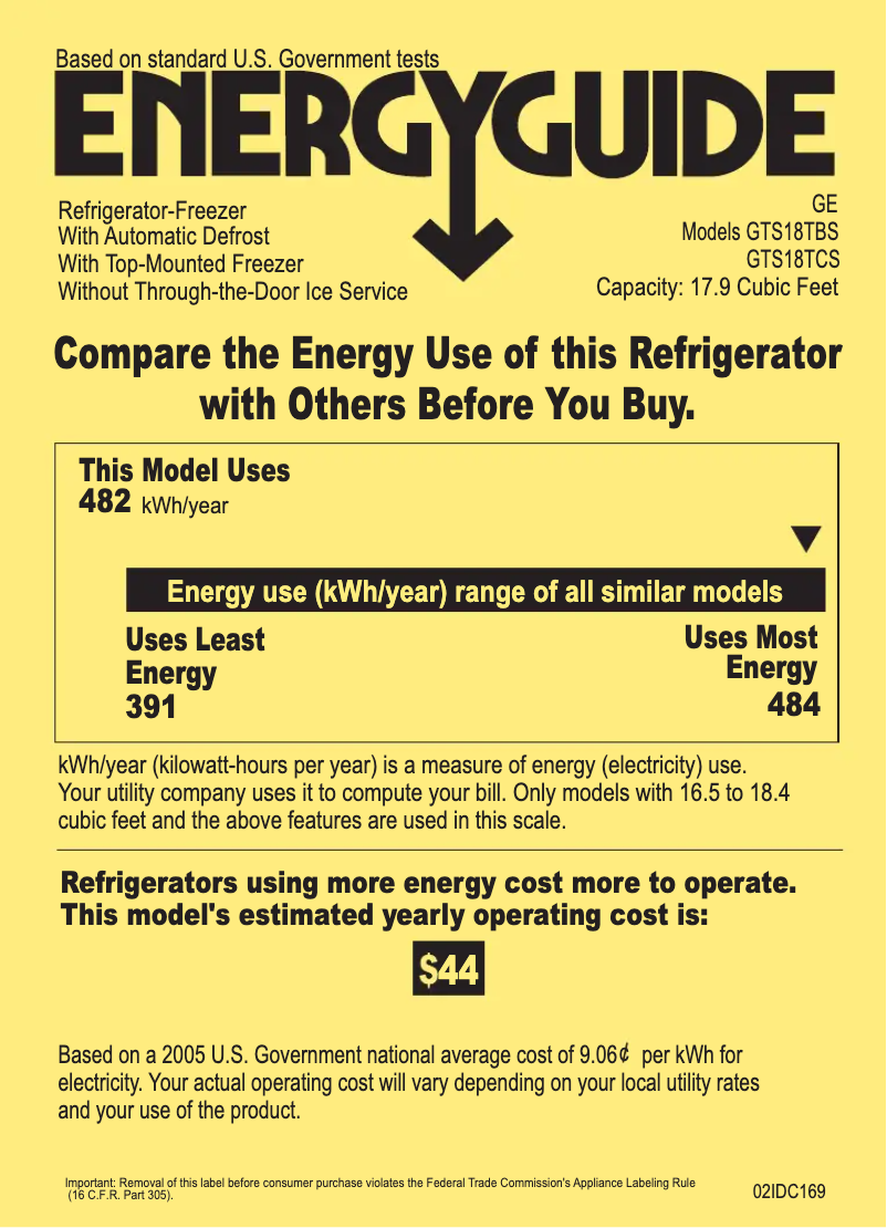 Page 1 de la notice Label énergétique GE GTS18TCSWW