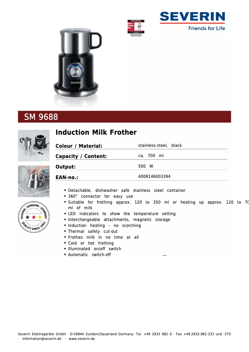 Page 1 de la notice Fiche technique Severin SM 9688