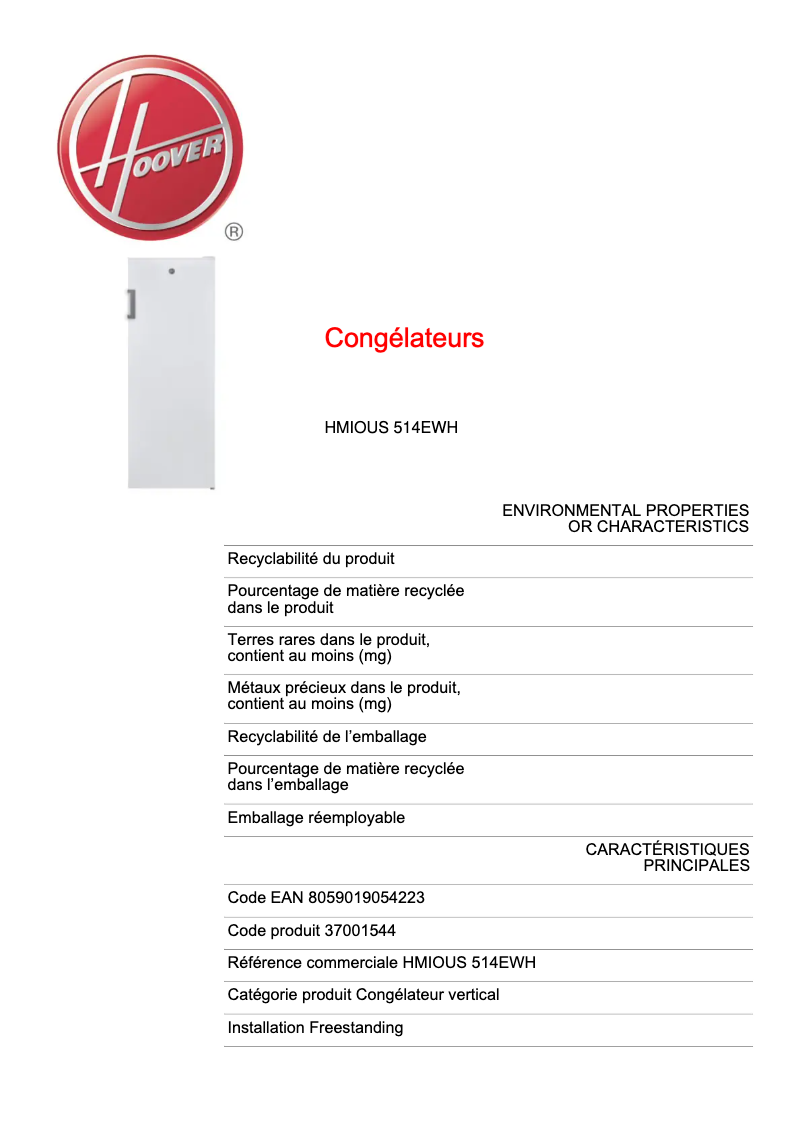 Page 1 de la notice Fiche technique Hoover HMIOUS 514EWH