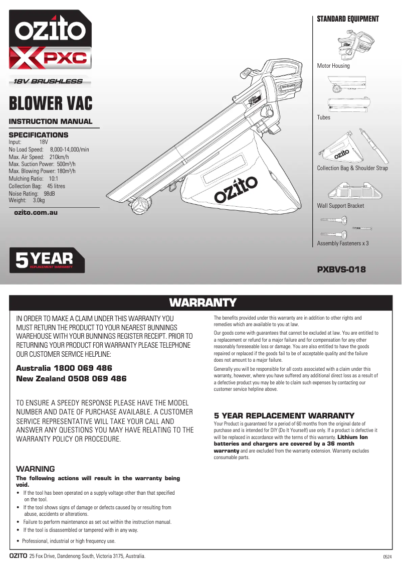 Page n°1 - Manuel utilisateur Ozito PXBVS-018