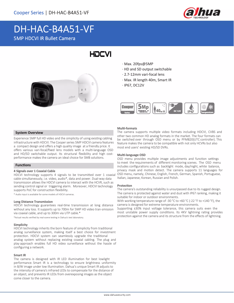 Page 1 de la notice Fiche technique Dahua Technology HAC-B4A51-VF
